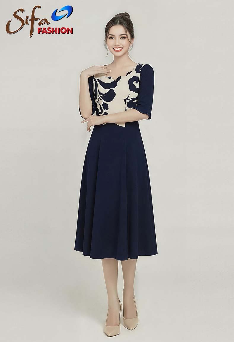 Đầm xòe tám mảnh cổ lượn