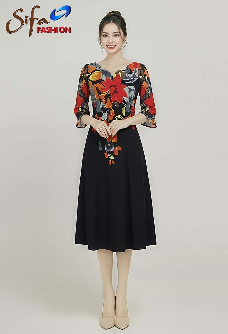 Đầm xòe tám mảnh cổ lượn