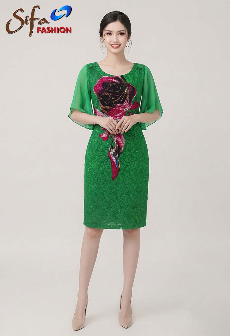 Đầm in hoa tay voal