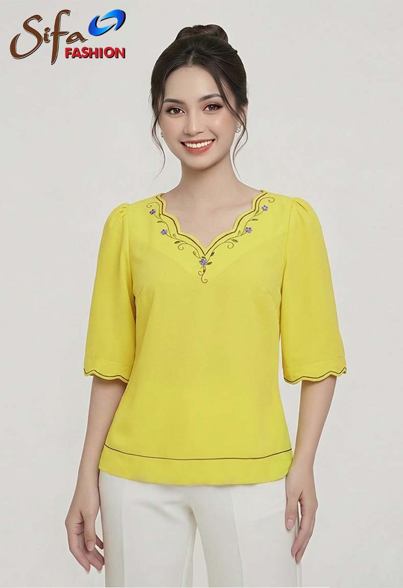 Áo cổ tim lượn thêu tay