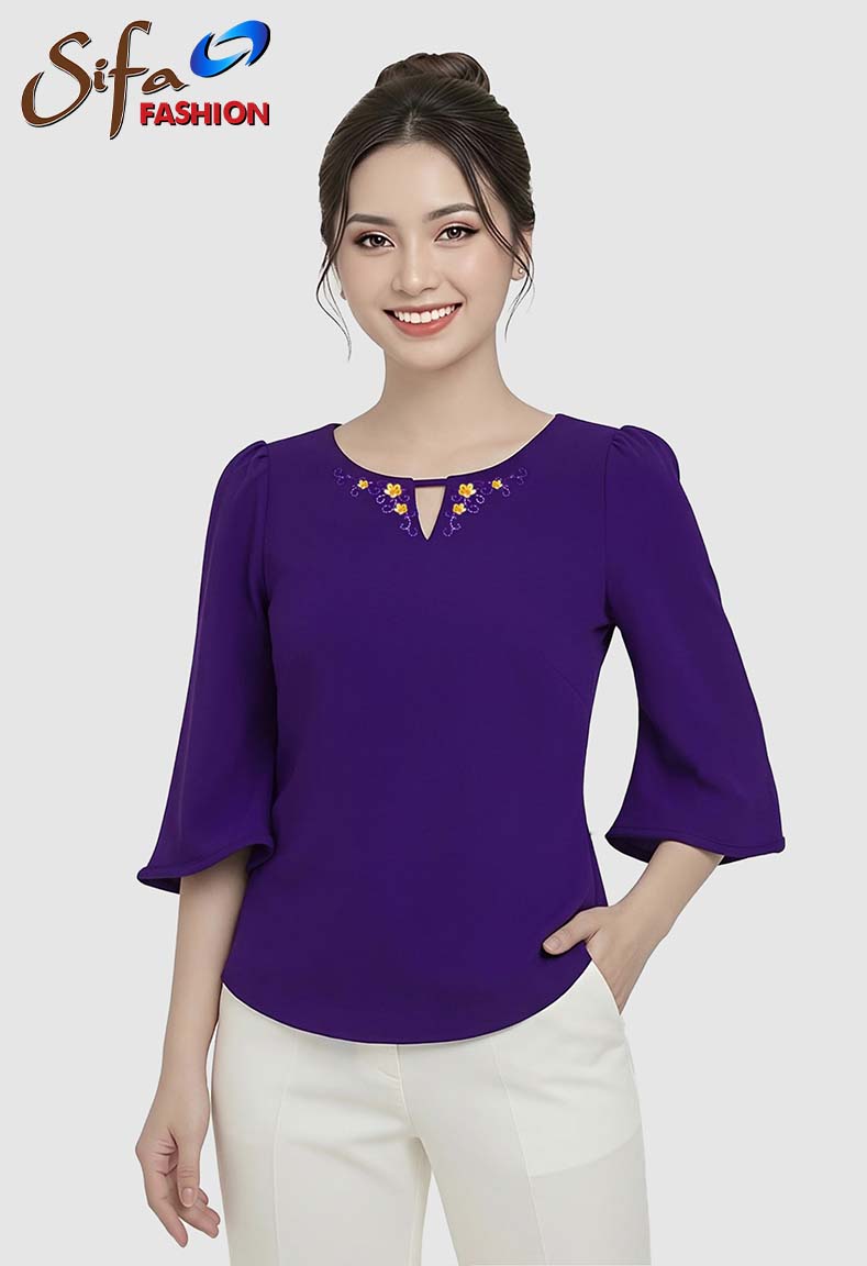 Áo cổ xẻ V hoa ẩn thêu tay