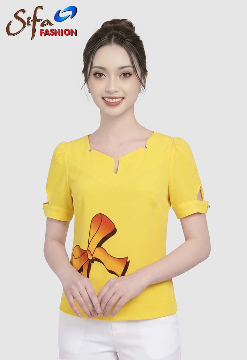 Áo lụa cổ tròn vẽ nơ
